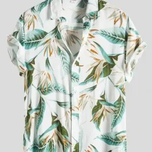 Tropical Leaf Print Cotton Shirt